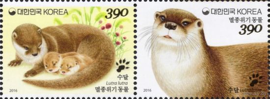 Южная Корея 2016. Фауна. Выдра. 2 марки Mi 3117-18