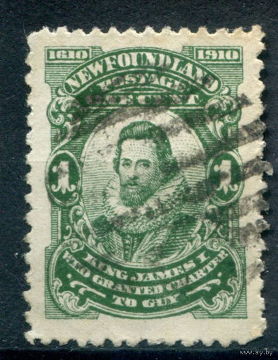 Британские колонии - Ньюфаундленд - 1910г. - король Джеймс I, картина, 300 лет первой британской колонии - Ньюфаундленд, перфорация 12:11, 1 с - 1 марка - гашёная [Mi 68]. #3-WB-102-A-1