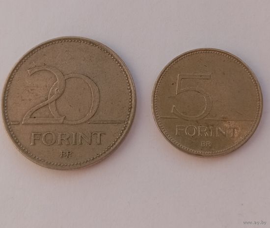 Венгрия. 20 форинтов 1993 + 5 форинтов 2019