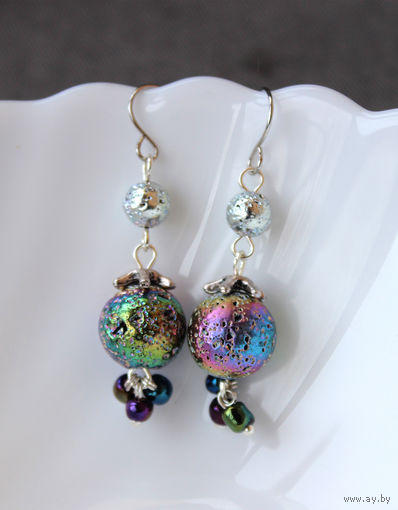 Серьги интересные яркие с тонированным гематитом