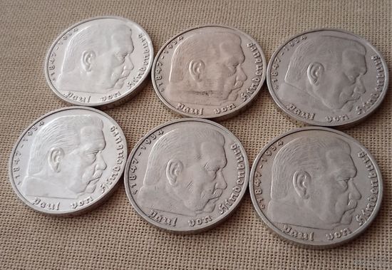 5 марок 1935 года все монетные дворы в одном лоте A,D,J,F,G,E...