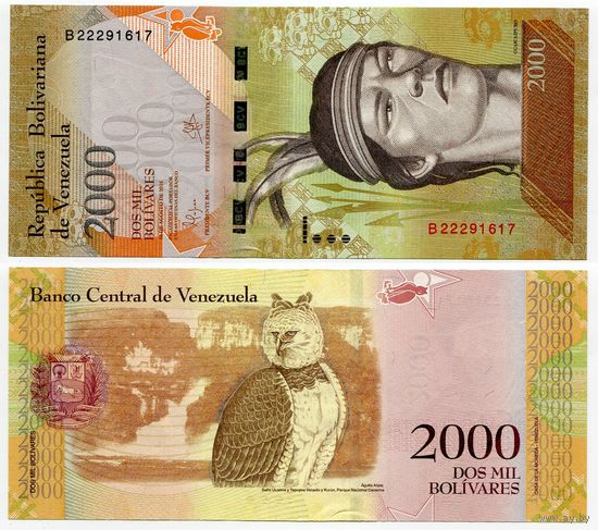Венесуэла. 2000 боливаров (образца 2016 года, P96a, подпись 1, вз-индеец, UNC)