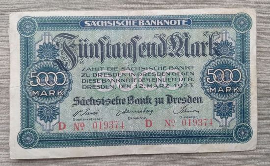 Werty71 Германия 5000 марок 1923 Дрезден Саксониябанкнота гроссгельд