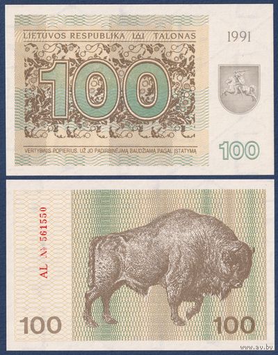Литва, 100 талонов 1991 г, P-38b (AL, зубр), UNC