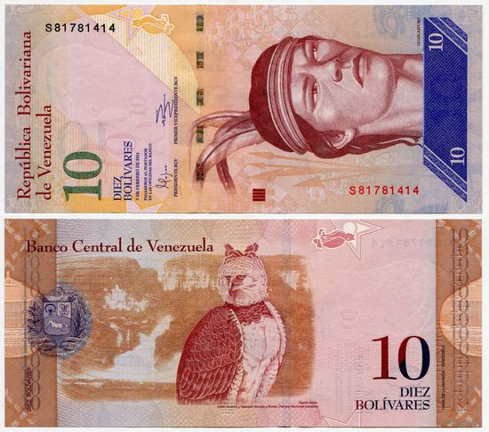 Венесуэла. 10 боливаров (образца 2011 года, P90c, UNC)
