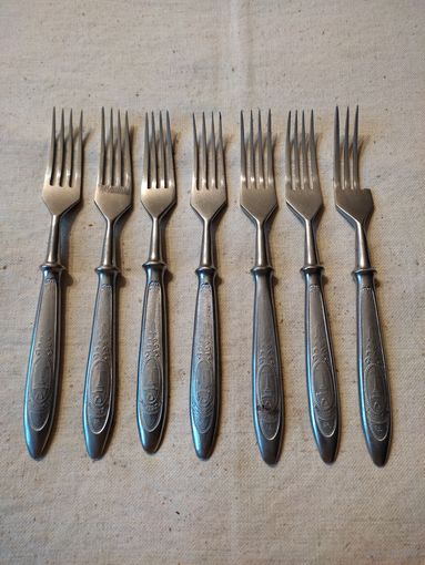 Вилки СССР, столовые, нерж., агитация, комплект 6 шт. ( + 1 шт. - в подарок ). См. описание.