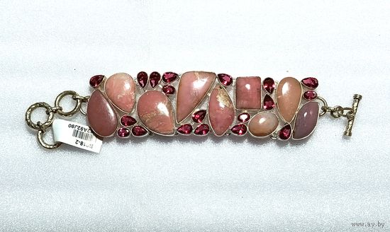 Браслет Перуанский розовый опал, турмалин серебро