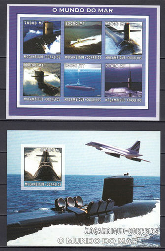 Мир моря. Подводные лодки. Мозамбик. 2002. 1 малый лист и 1 блок б/з. Michel N 2566-2721, бл168-192 (26,0 е)