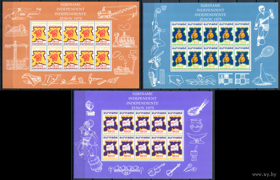 Суринам - 1975г. - независимость - 3 листа - полная серия, MNH, лист с номиналом 25 с маленьким разрывом сверху, 75 с с маленькой потёртостью слева по краю листа и отпечатками на клее [Mi 702-704]. #3-WB-87-A-2