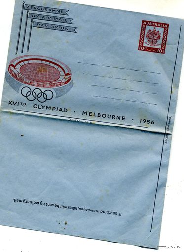 Конверт (АЭРОГРАММА) АВСТРАЛИЯ, 1956 Это австралийская аэрограмма Олимпийских игр в Мельбурне 1956 года, выпущенная к XVI Олимпийским играм.