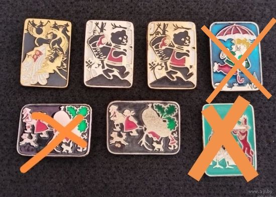 Детские значки. Сказки. Гуси лебеди, Маша и медведь, репка, Карлсон, лиса и журавль. Цена за один. (Б-1)