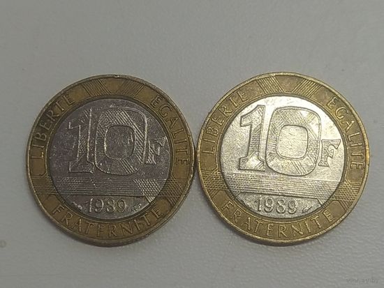 10 франков Франция 1989 год  лот 40 БИМЕТАЛ
