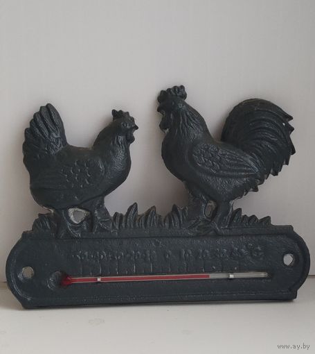 Редкий оригинальный термометр чугун "Петух и Курица". Франция.