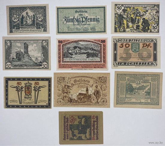 Германия, Австрия комплект нотгельдов 1918-1922 гг. 10 шт. Состояние UNC-