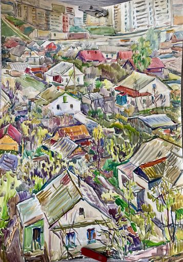 Большая акварель Ю.Лысова (городской пейзаж) 1970х