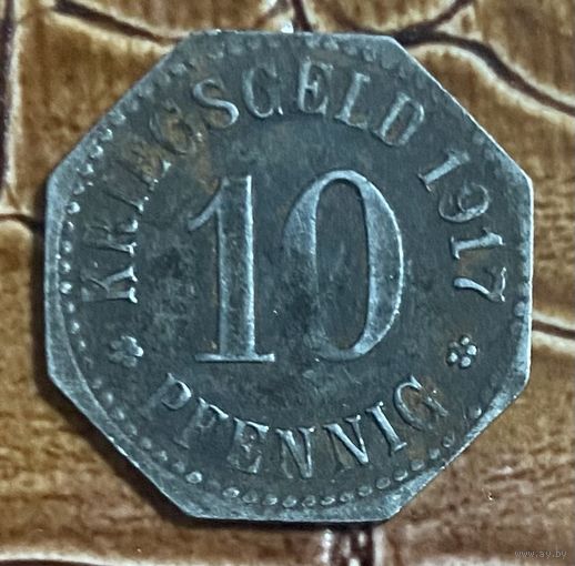 Монета 10 пфеннигов 1917 год. Висбаден. Веймарская республика.