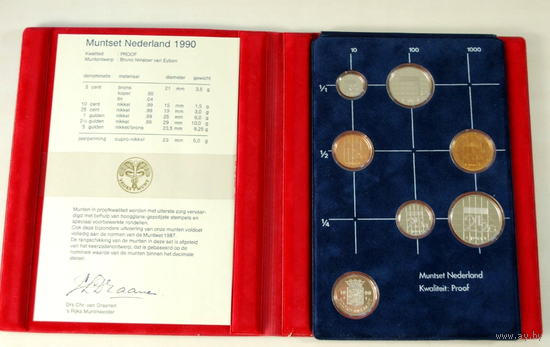 Нидерланды, годовой набор монет (Голландия) 1990 год, 5+10+25 центов 1+2,5 гульдена + жетон, Proof.