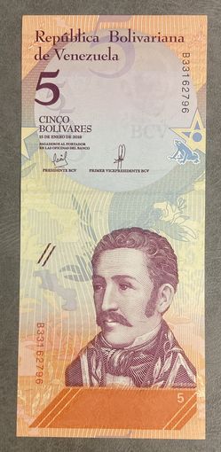 Банкнота 5 боливар 2018 год. Венесуэла. Лягушка. НЕ БЫЛА В ОБОРОТЕ.