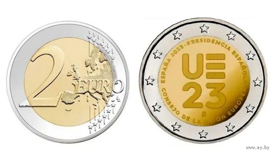 2 Евро Испания 2023  Президентство Испании в Совете ЕС UNC из ролла