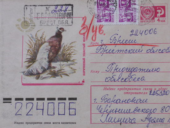 ХМК прошедший почту 1977г."КОРИЧНЕВЫЙ УШАСТЫЙ ФАЗАН"