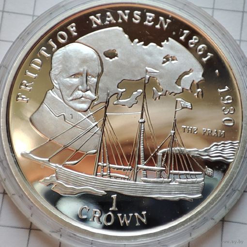 1 крона острова Мэн 1997г.Фритьоф Нансен. Серебро 925 пр. 28,28 гр..