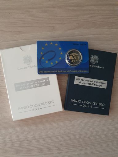 Монета Андорра 2 евро 2014 PROOF 20 лет вступлению в совет Европы БЛИСТЕР