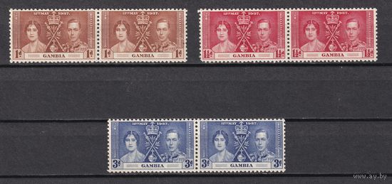132.BrKS. Великобритания. Колонии.  Гамбия. Коронация Георга VI и Елизаветы. 1937 г. Полная серия. Пары. Mi.##120-122. MNH.