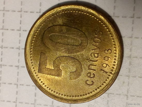 50 сентаво Аргентина 1993 год. тонкий шрифт.