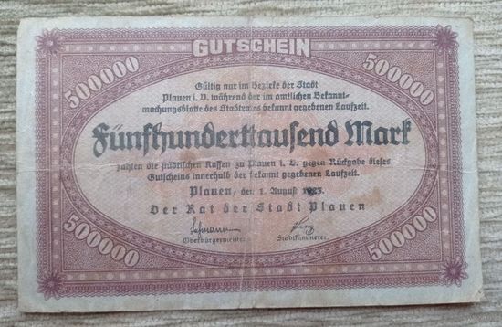 Werty71 Германия 500000 марок 1923 банкнота Гроссгельд Плауэн