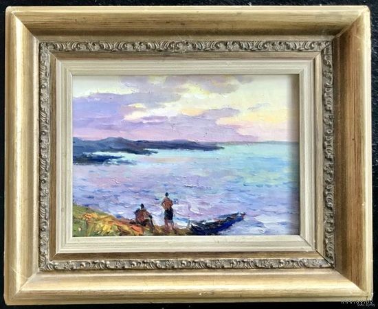 Чепик М.Ф. "На берегу",1963г.К/М. 24,5/17,5 см без рамки и 34,5/28 см с рамкой