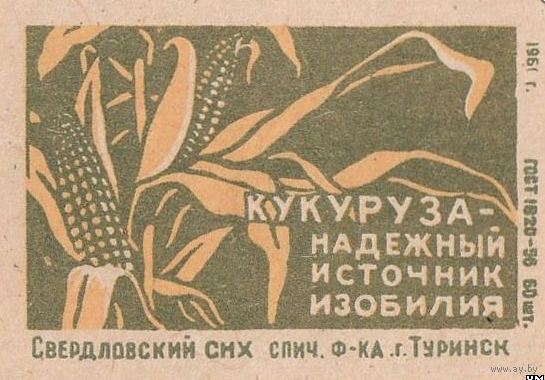 Спичечные этикетки ф.Туринск. Кукуруза - надёжный источник изобилия. 1961 год