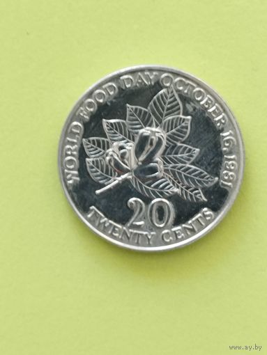 Ямайка 20 центов 1981 г. Узкая надпись
