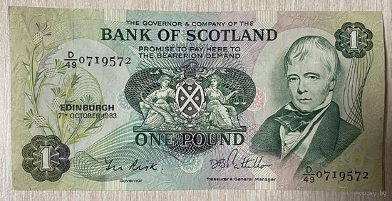 Банкнота Шотландия 1 фунт 1983 год. Вальтер Скотт