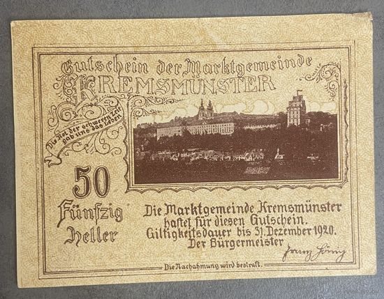 Нотгельд Австрия Кремсмюнстер , 50 геллеров 1920 год