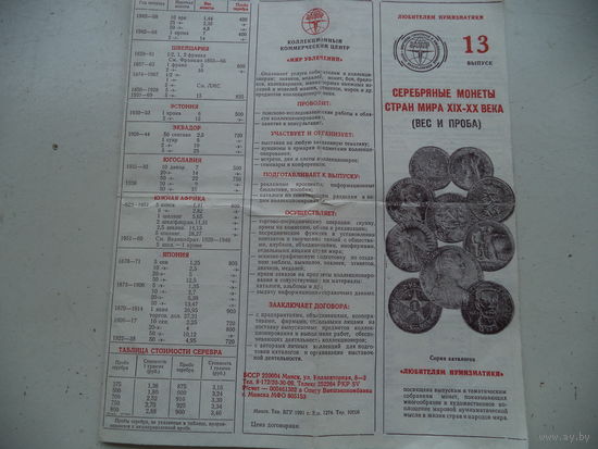 Таблица "Серебряные монеты стран мира ХIХ-ХХ века. (Вес и проба). 1991 г.