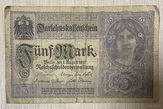Банкнота 5 марок 1917 год. Германская империя . С рубля без МЦ.