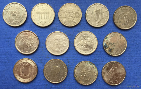 Лот 10 евроцентов (Австрия, Бельгия, Германия, Греция, Ирландия, Испания, Италия, Латвия, Литва, Люксембург, Мальта, Нидерланды, Финляндия, Франция). Всего 15 монет