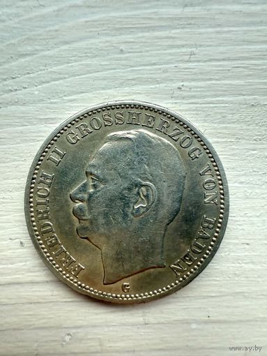 Германия.Баден.3 марки 1914.Серебро.