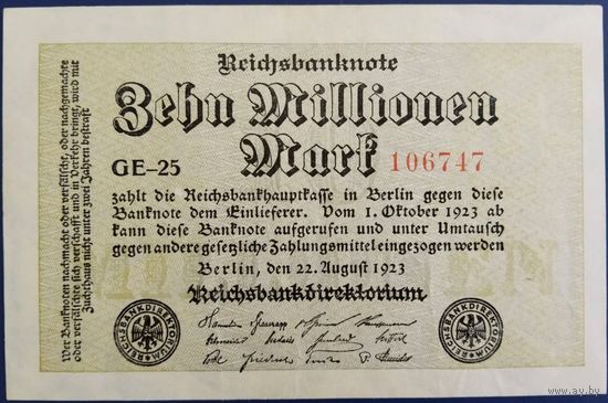 10 миллионов марок. 1923 г. аUnc. Германия.