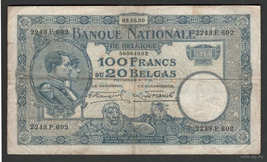Бельгия 100 франков 1930 года. Дата 2 октября. Тип Р-102. Состояние VF