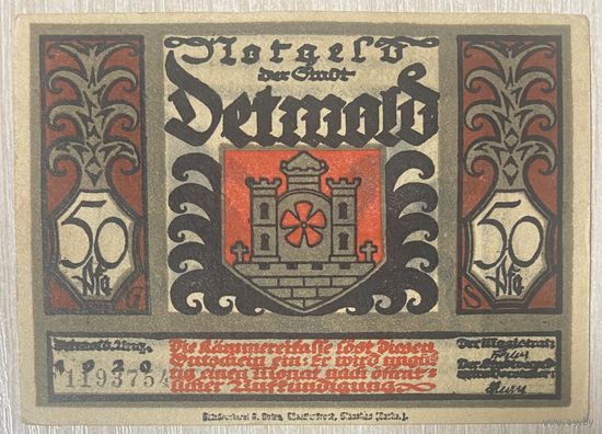 Нотгельд Детмольд, 50 пфеннигов, 1920 год Веймарская республика.