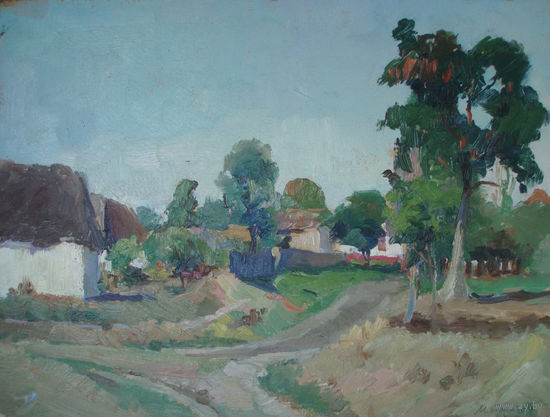 Картина Украинское село. Бельский 1947 год Картон масло