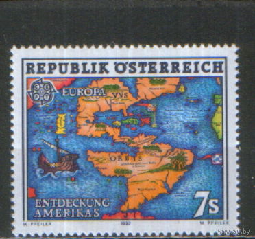 Полная серия из 1 марки 1992г. Австрия "СЕРТ. 500 лет открытию Америки. Карта 16-ого века" MNH