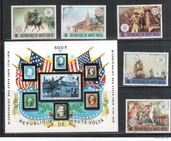 Верхняя вольта-1976,(Мих.640-644,Бл.44) гаш. , 200-лет США, Флот, Корабли(полная серия)