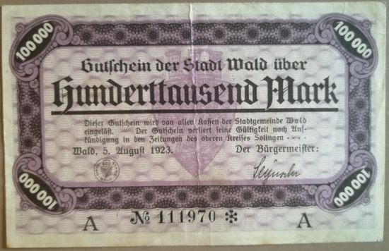 Германия 100000 марок 1923 г Вальд (Wald) XF