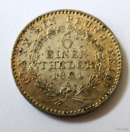 Анхальт-Бернбург 1/6 талера 1861 год. A Берлин Серебро  Германия,Состояние!!!
