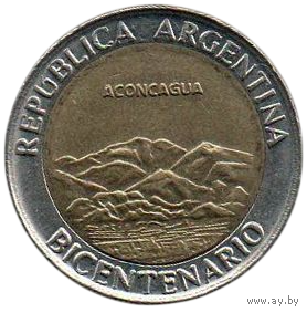 РЕСПУБЛИКА АРГЕНТИНА 1 ПЕСО 2010. 200 лет Аргентине - вулкан Аконкагуа. БИМЕТАЛЛ