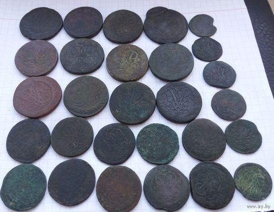 Кошелёк монет Елизаветы Петровны  28 штук 2 коп 1 коп деньга