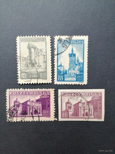 Польша 1945 Полная серия марок "Виды Гданьска (Danzig)" (гашение, следы наклеек) Mi.410-411,412А,412В каталог 1.60 евро