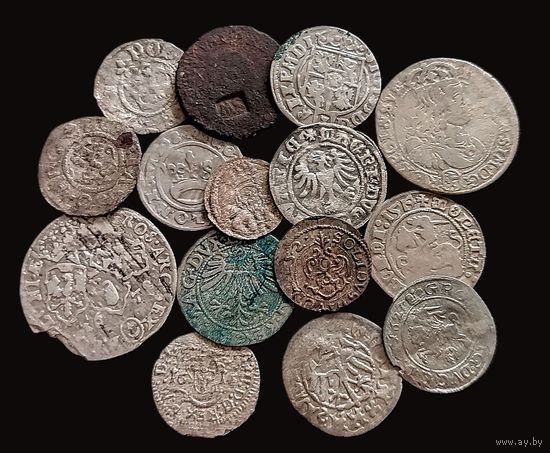 15 МОНЕТ ВКЛ И РЕЧИ ПОСПОЛИТОЙ (СЕРЕБРО:6 ГРОШЕЙ 1678 г. ЯН III СОБЕССКИЙ; 6 ГРОШЕЙ 1667 ЯН II КАЗИМИР; ПОЛУГРОШ БЕЗ ДАТЫ ЯН I ОЛЬБРАХТ; ПОЛУГРОШ 1515 г. ЖИГИМОНТ СТАРЫЙ и др.)